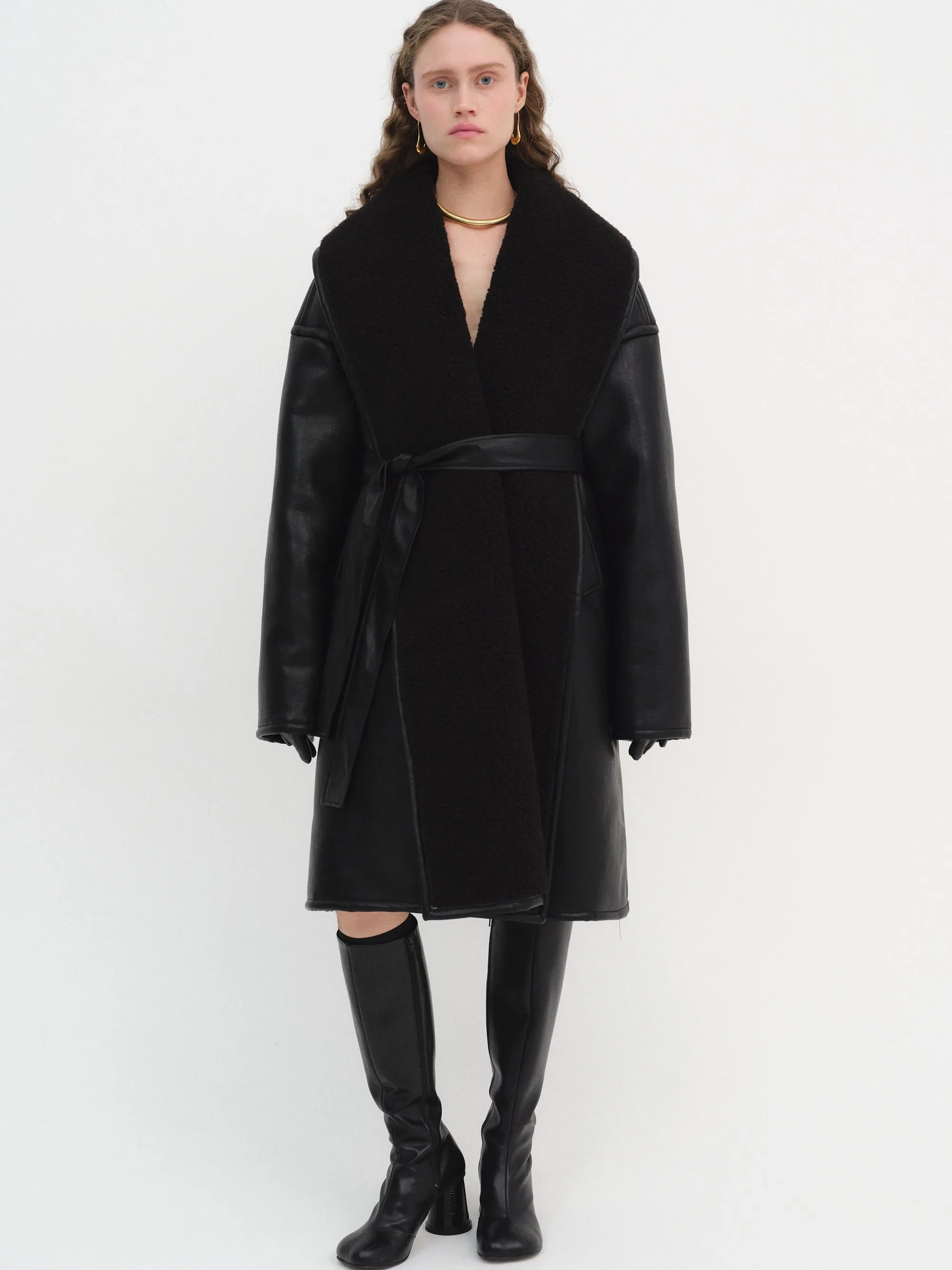 Agda Shearling Collar Leather Coat, Black