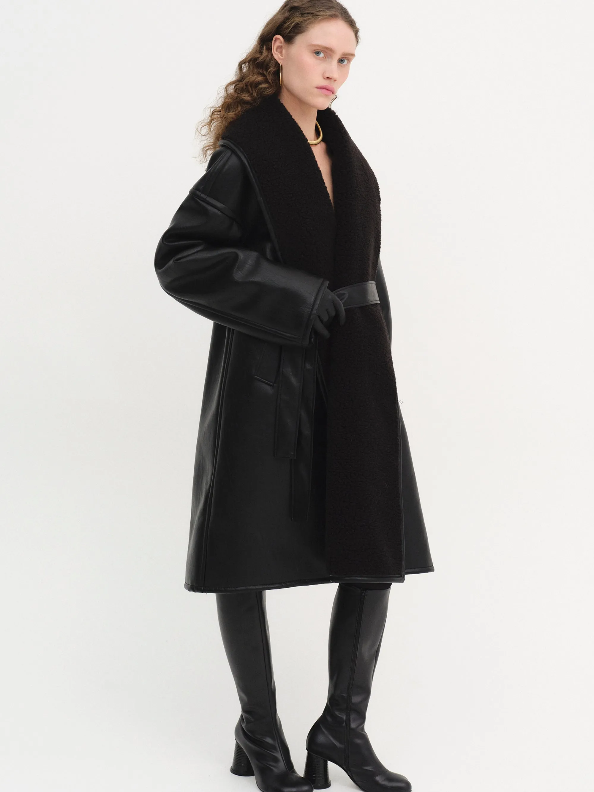 Agda Shearling Collar Leather Coat, Black