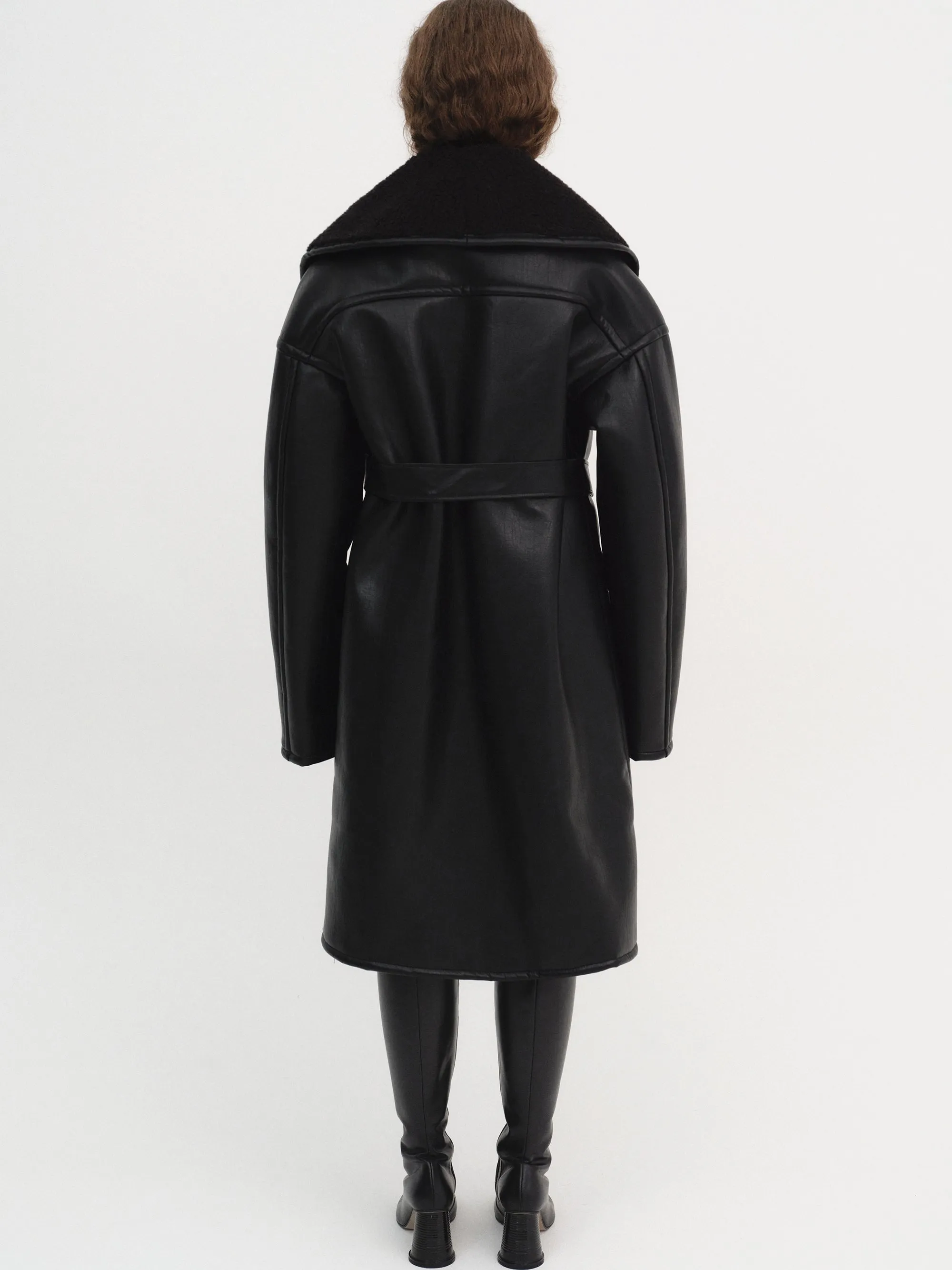 Agda Shearling Collar Leather Coat, Black