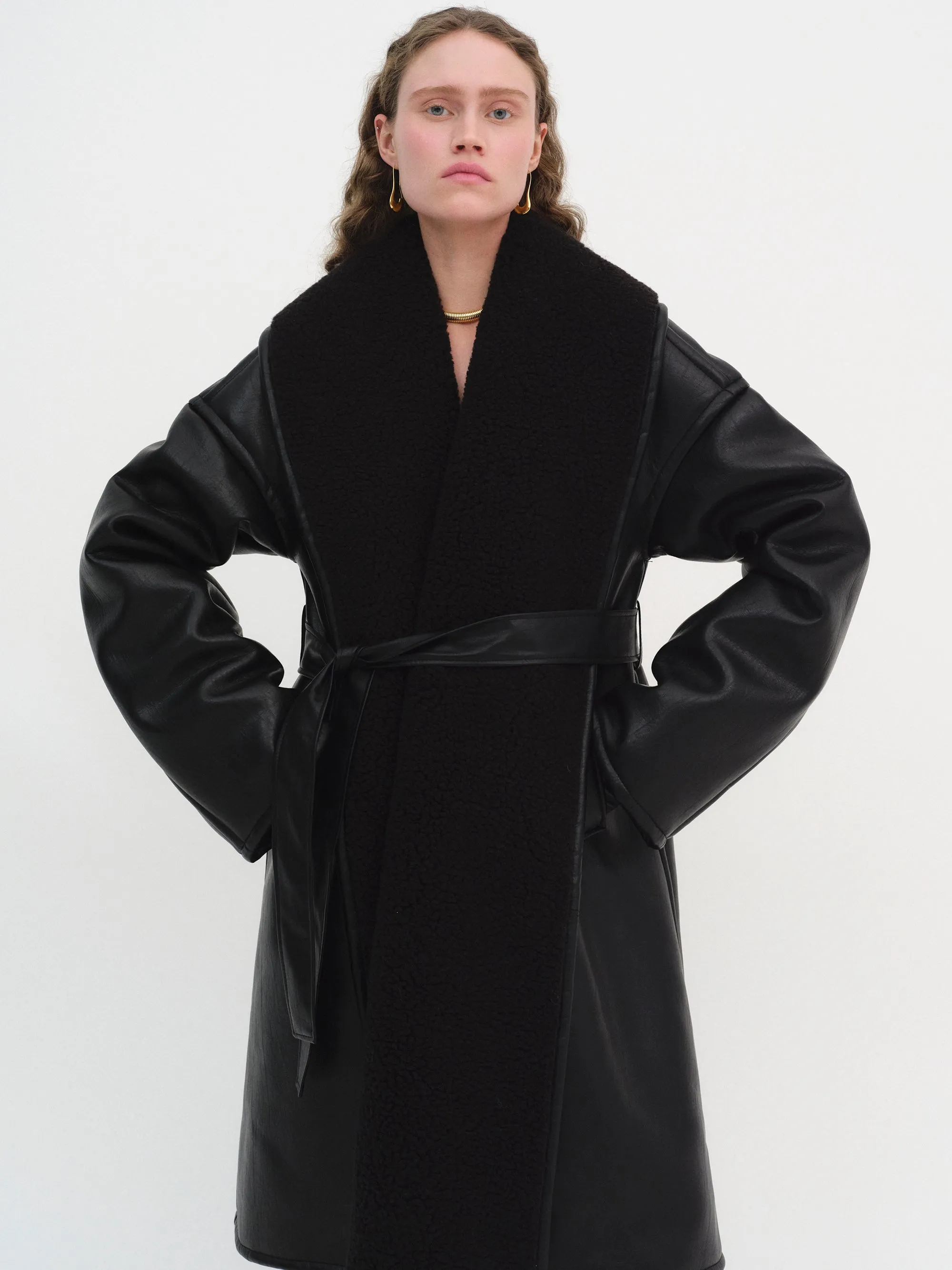 Agda Shearling Collar Leather Coat, Black