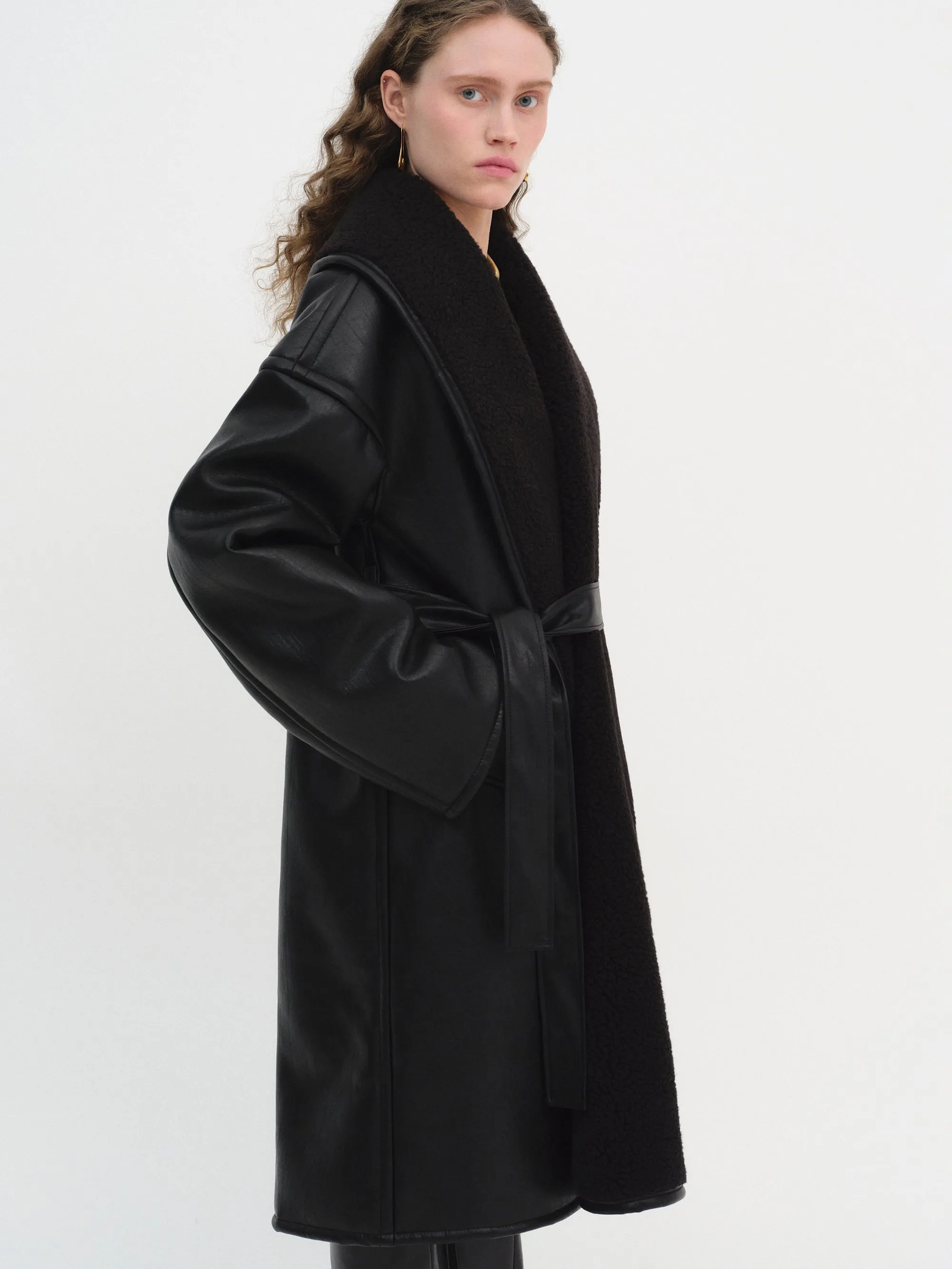 Agda Shearling Collar Leather Coat, Black