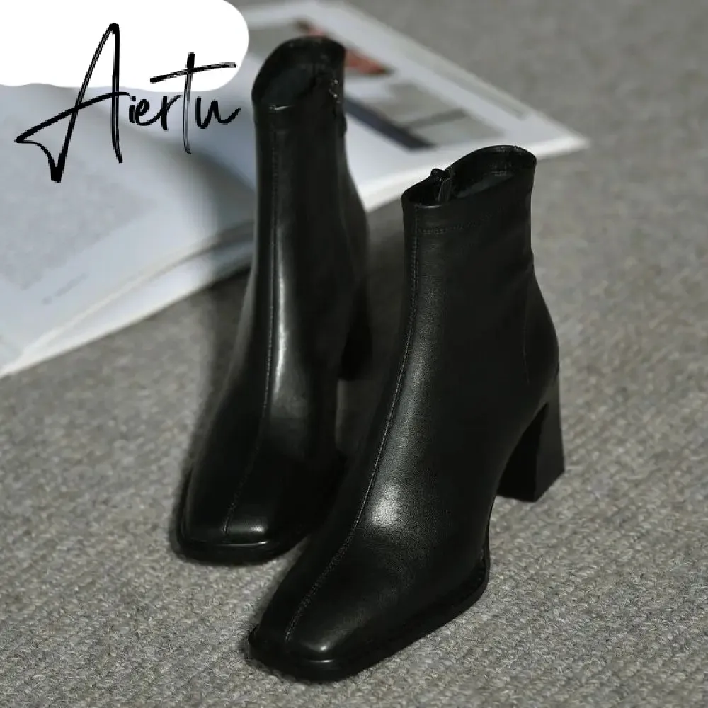 Aiertu Ankle Boots For Women Square Toe Fashion Shoes Warm Winter Short Boots Zipper Square Heels Comfortable Lady Shoes