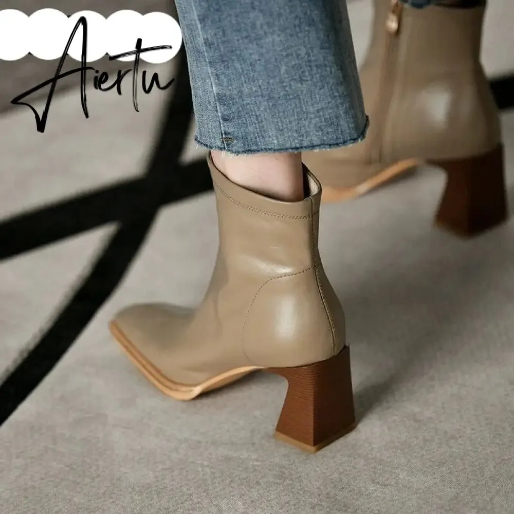 Aiertu Ankle Boots For Women Square Toe Fashion Shoes Warm Winter Short Boots Zipper Square Heels Comfortable Lady Shoes