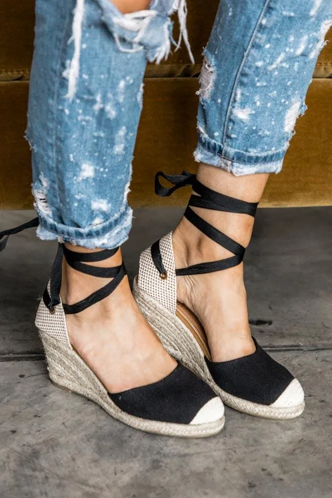 Ashley Lace Up Espadrille Wedges In Black