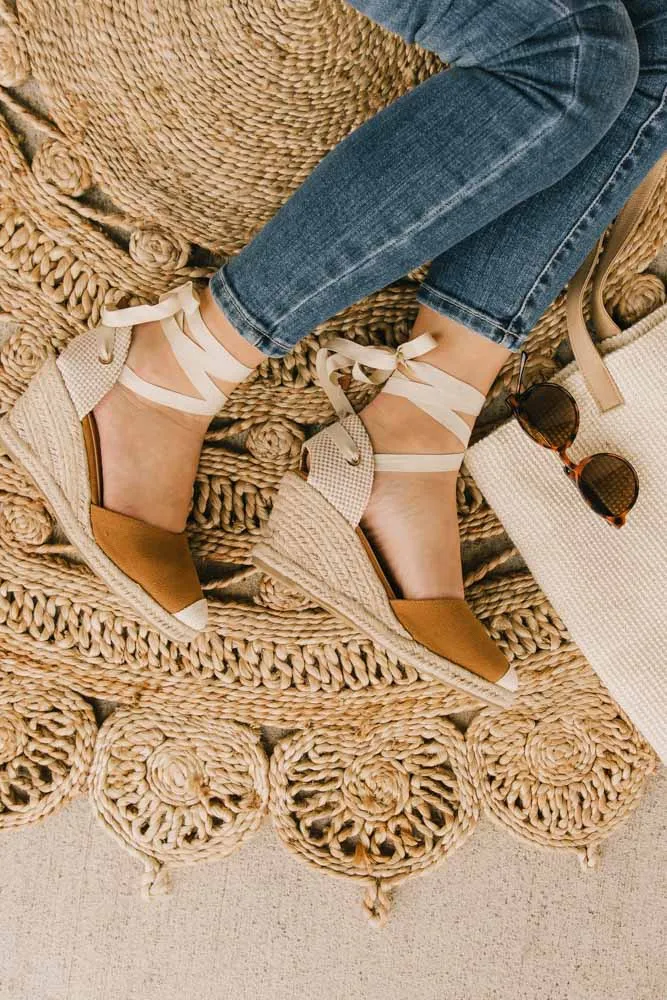 Ashley Lace Up Espadrille Wedges In Camel