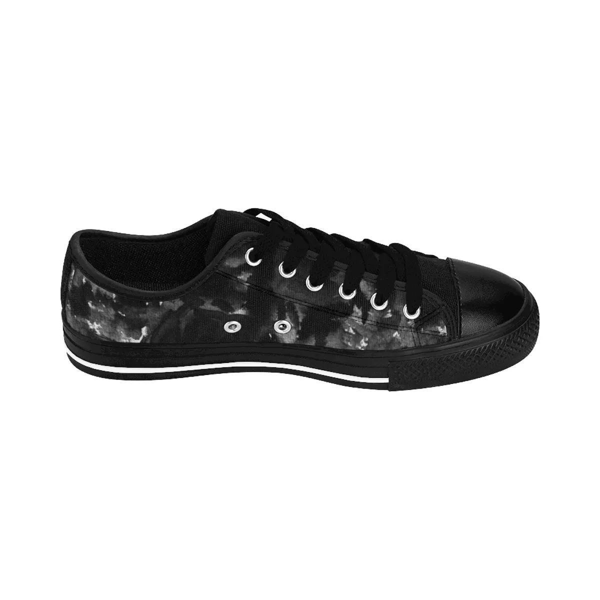 Black Abstract Women's Sneakers, Rose Floral Low Top Fashion Tennis Shoes For Women