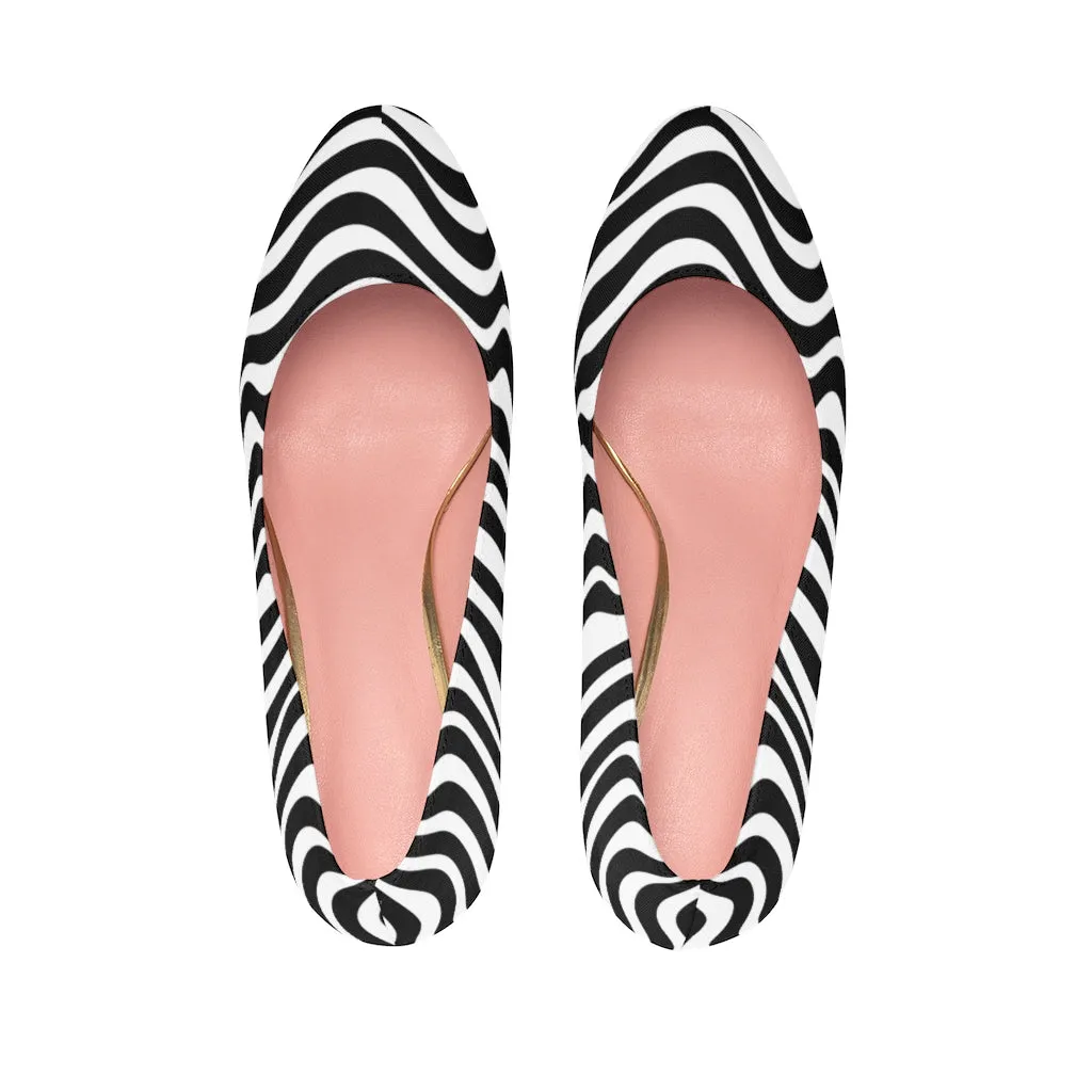 Black White Wavy Women's Heels, Modern Patterned Women's Platform Heels (US Size: 5-11)