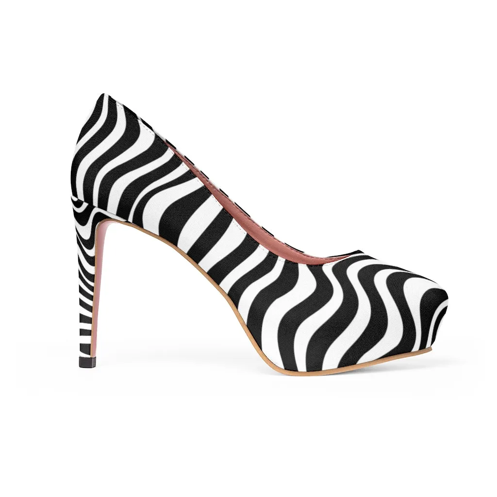 Black White Wavy Women's Heels, Modern Patterned Women's Platform Heels (US Size: 5-11)