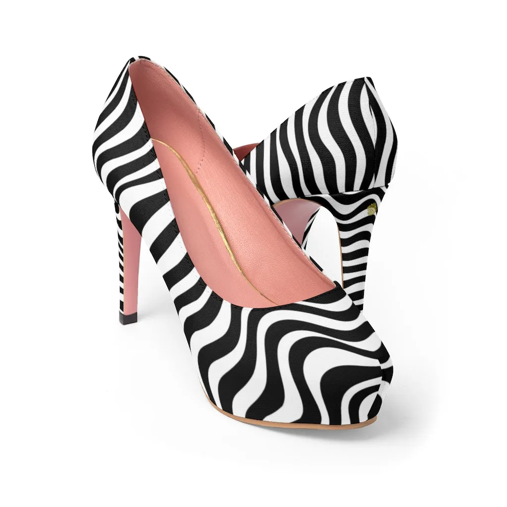 Black White Wavy Women's Heels, Modern Patterned Women's Platform Heels (US Size: 5-11)