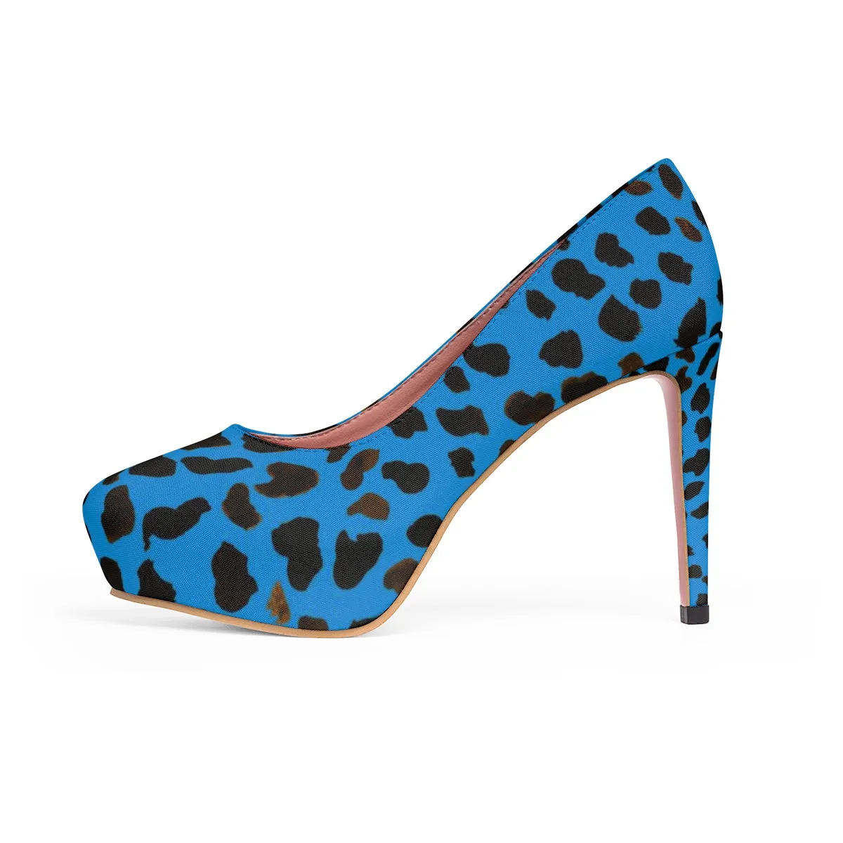 Blue Cow Print Heels, Brown Designer Animal Print Women's Platform Heels Pumps Stilettos