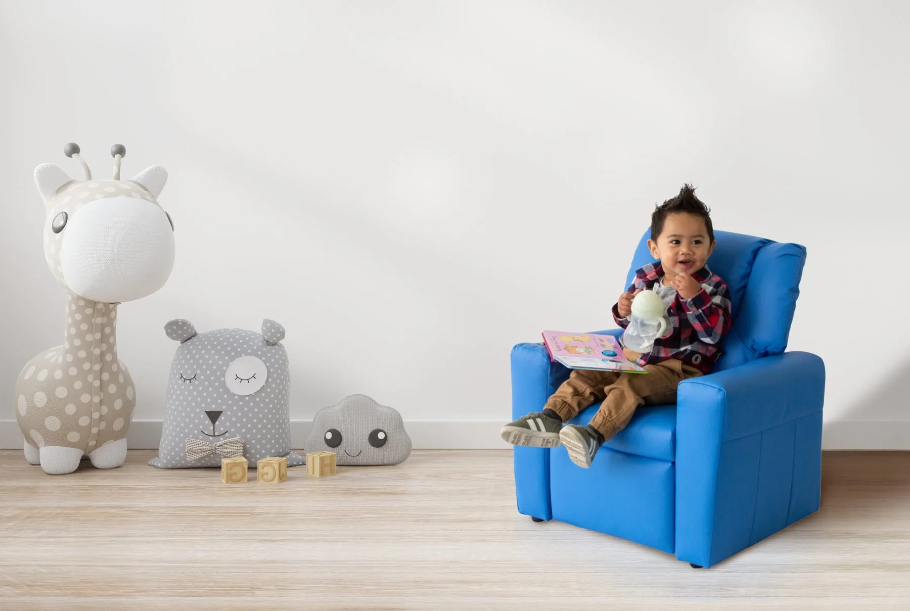 Blue Kids Recliner Chair with Footrest & Cup Holder