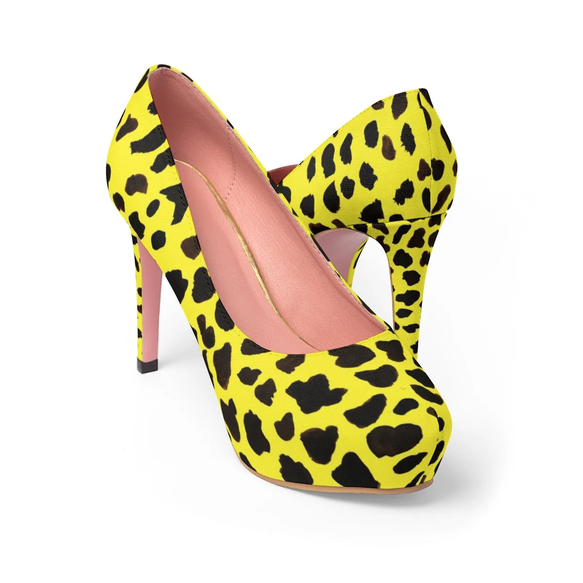 Bright Yellow Cow Print Heels, Cute Farm Animal Print Luxury Women's 4" Platform Heels