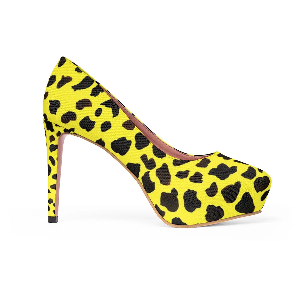 Bright Yellow Cow Print Heels, Cute Farm Animal Print Luxury Women's 4" Platform Heels