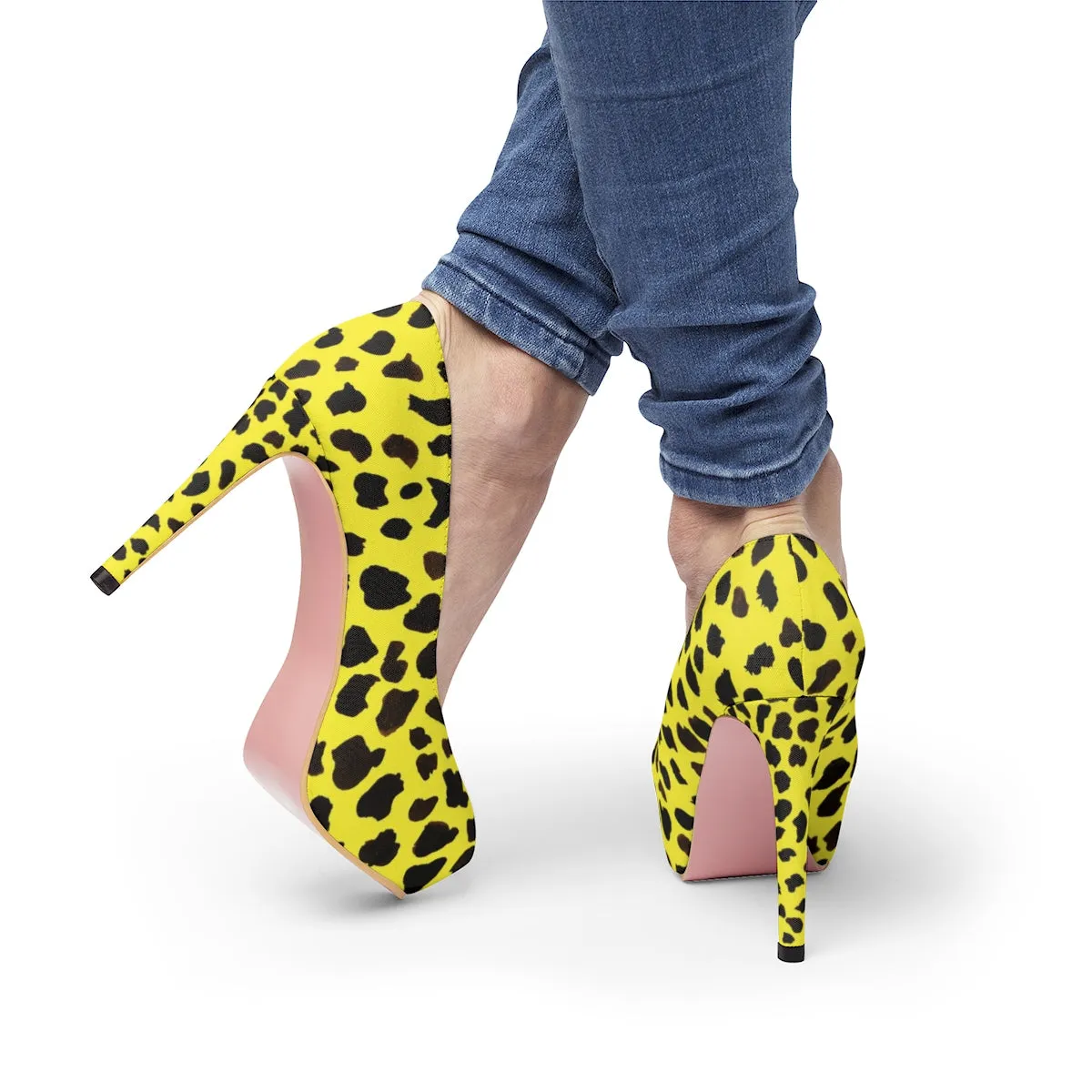 Bright Yellow Cow Print Heels, Cute Farm Animal Print Luxury Women's 4" Platform Heels