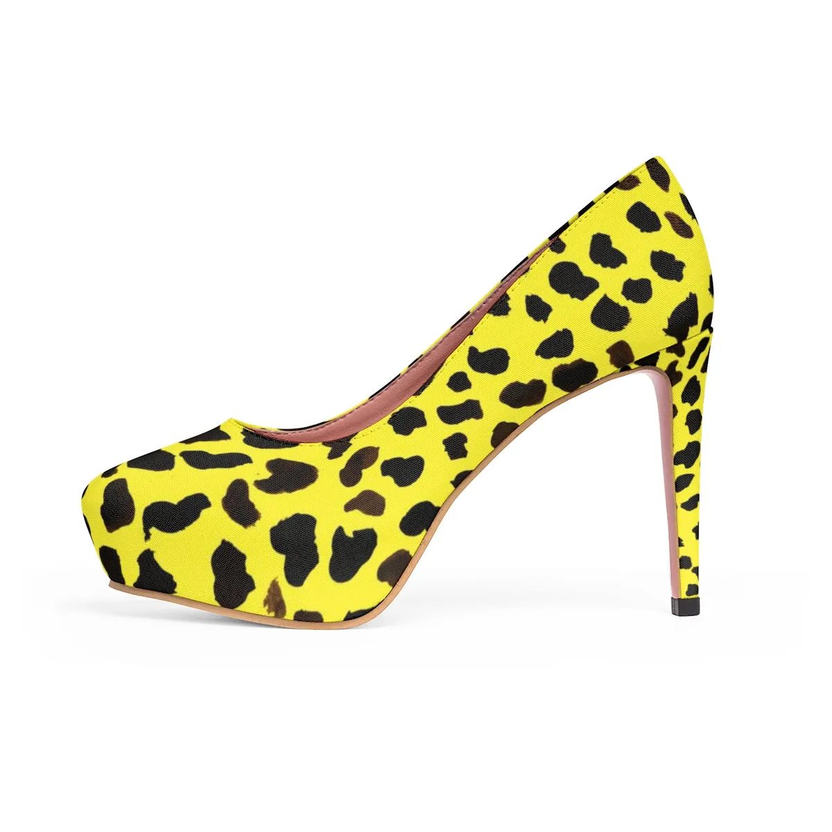 Bright Yellow Cow Print Heels, Cute Farm Animal Print Luxury Women's 4" Platform Heels