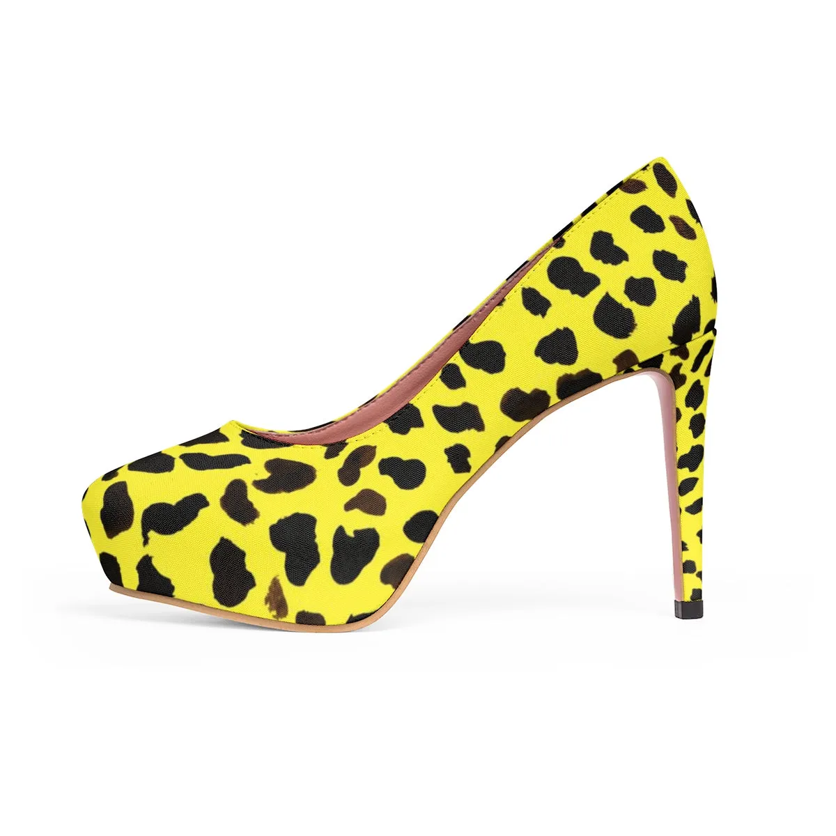 Bright Yellow Cow Print Heels, Cute Farm Animal Print Luxury Women's 4" Platform Heels