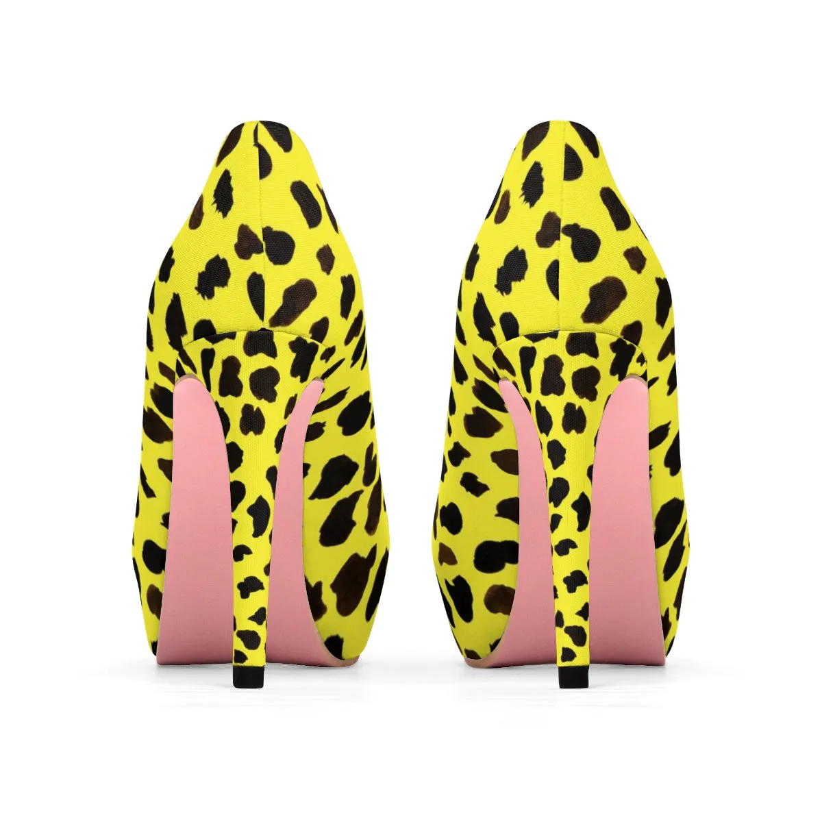 Bright Yellow Cow Print Heels, Cute Farm Animal Print Luxury Women's 4" Platform Heels