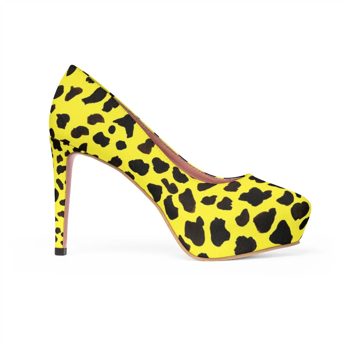 Bright Yellow Cow Print Heels, Cute Farm Animal Print Luxury Women's 4" Platform Heels