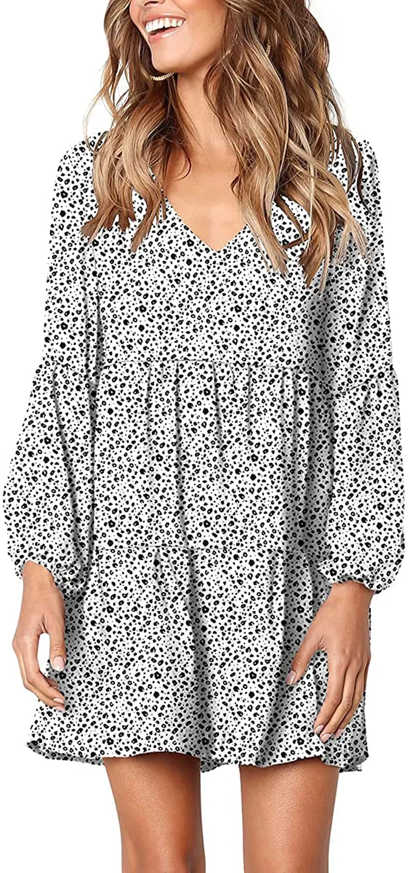 Cosonsen Womens Printed Swing Shift Dress Long Sleeve V Neck Tunic Dress