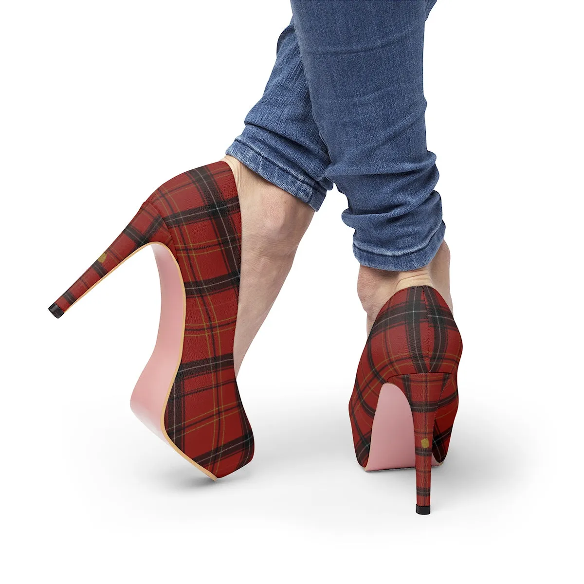 Dark Red Tartan Plaid Scottish Print Women's Platform Heels Pumps (US Size: 5-11)