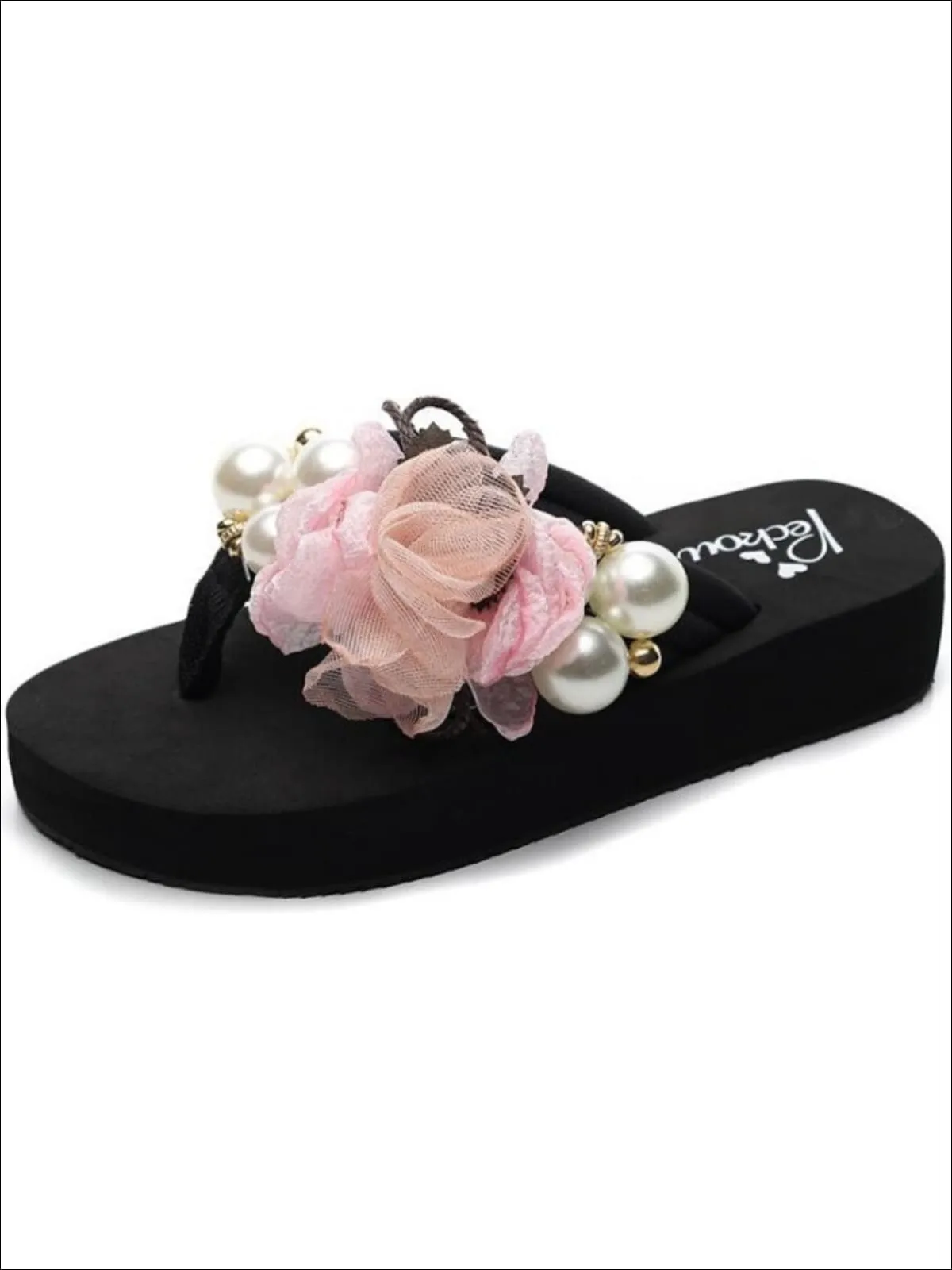 Floral Pearl Embellished Flip Flops By Liv and Mia