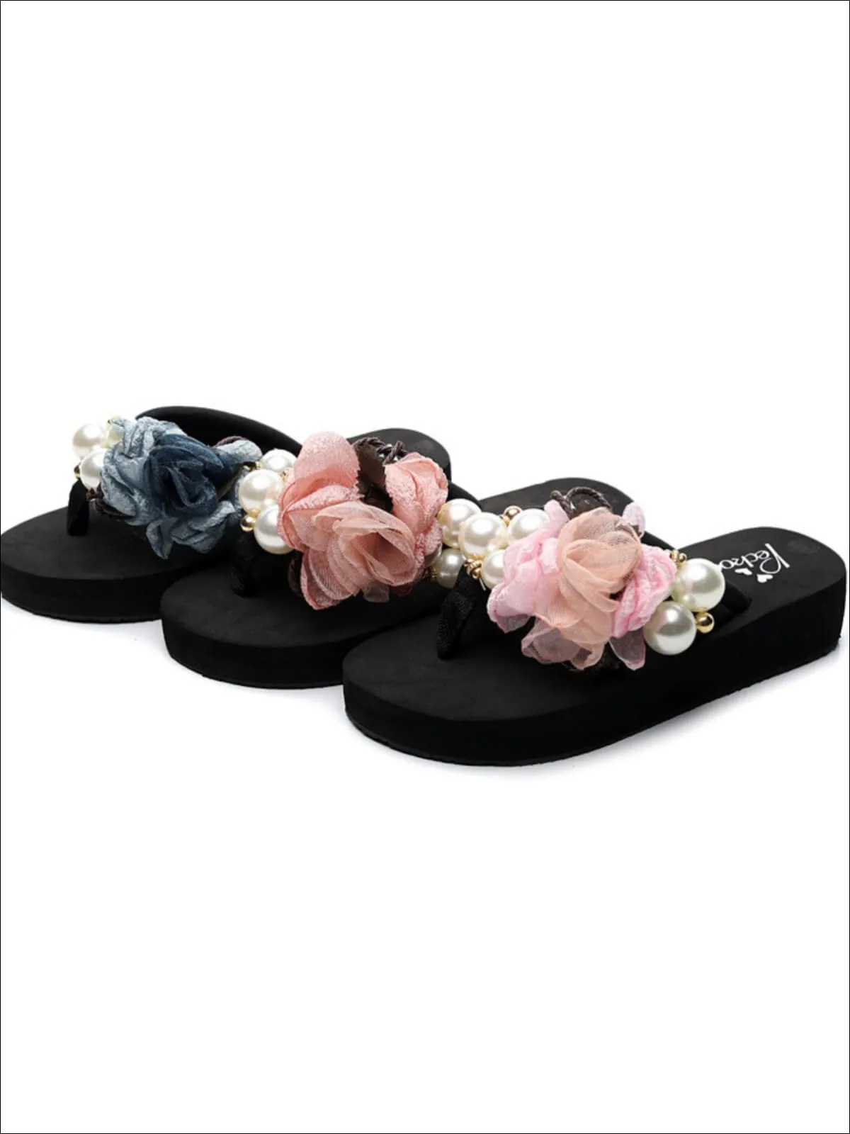 Floral Pearl Embellished Flip Flops By Liv and Mia