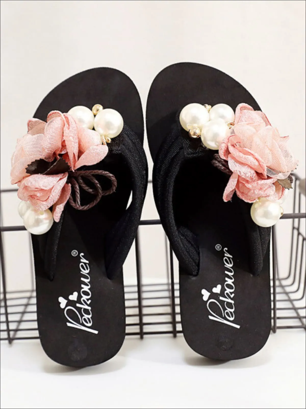 Floral Pearl Embellished Flip Flops By Liv and Mia