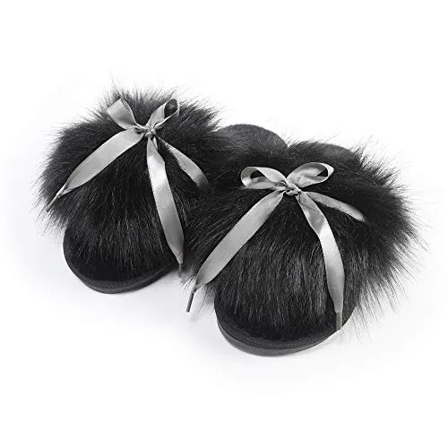 Fur Story Women's Faux Fur Slippers Soft Flat Slide Sandals Indoor Outdoor