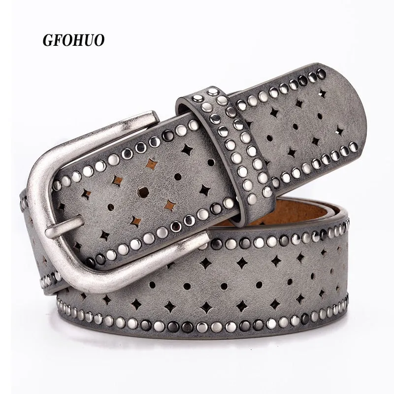 GFOHUO   Trendy Hollow Riveted Leather Belt for Women