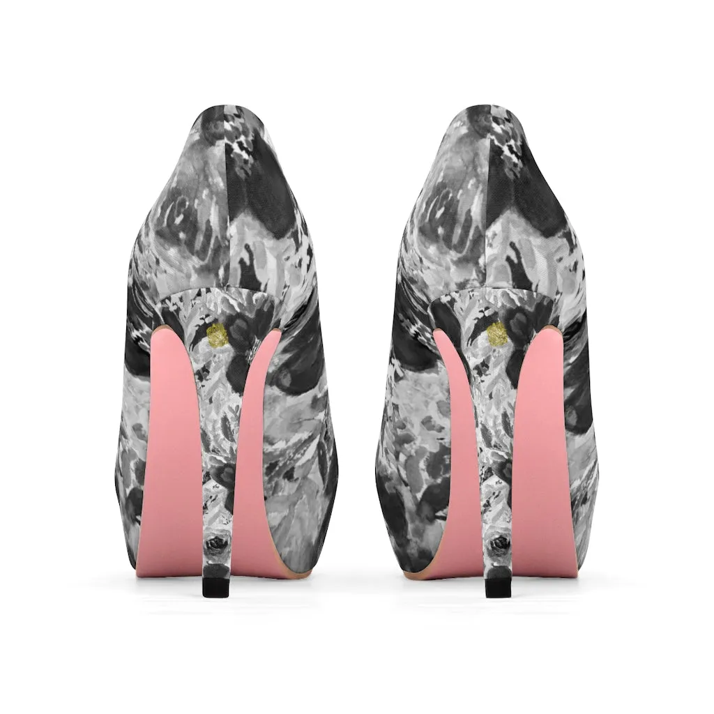 Grey Floral Women's Platform Heels, Mixed Abstract Flower Print 4 inch Shoes(US Size: 5-11)