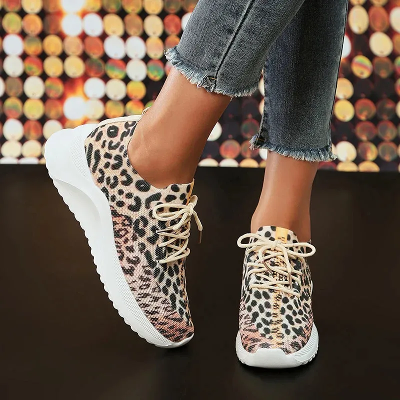 Hnzxzm New Leopard Knitted Sneakers Women Lightweight Breathable Running Shoes Woman Non Slip Casual Flats Shoes Size 43