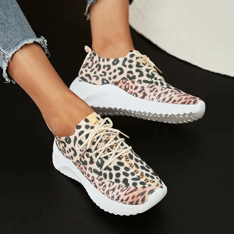 Hnzxzm New Leopard Knitted Sneakers Women Lightweight Breathable Running Shoes Woman Non Slip Casual Flats Shoes Size 43