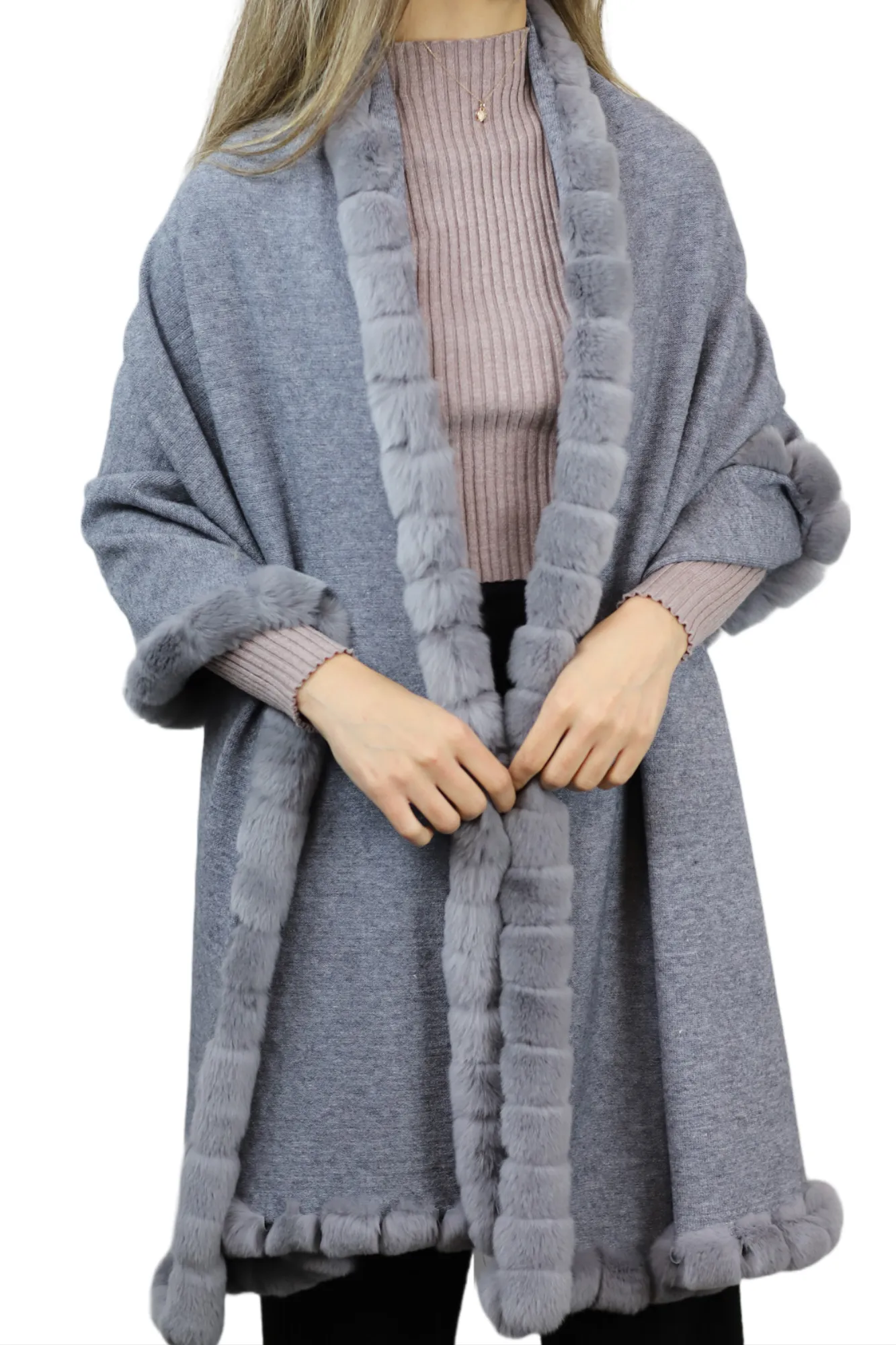 La Fiorentina Wrap with Rex Fur Trim - Grey