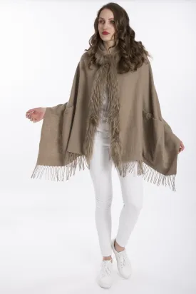 Lambswool Cape with Fur Trim Hood in Mocha - Feathers Of Italy