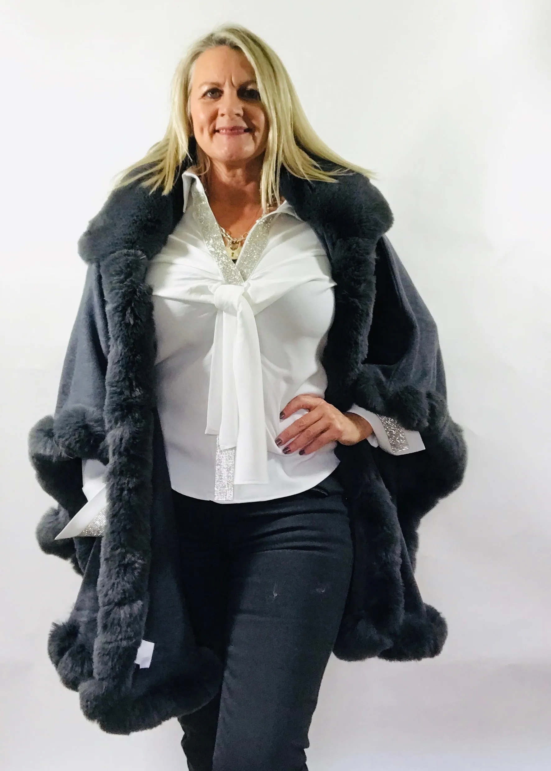 Limited Edition Luxury Grey Faux Fur Cape by Feathers Of Italy One Size