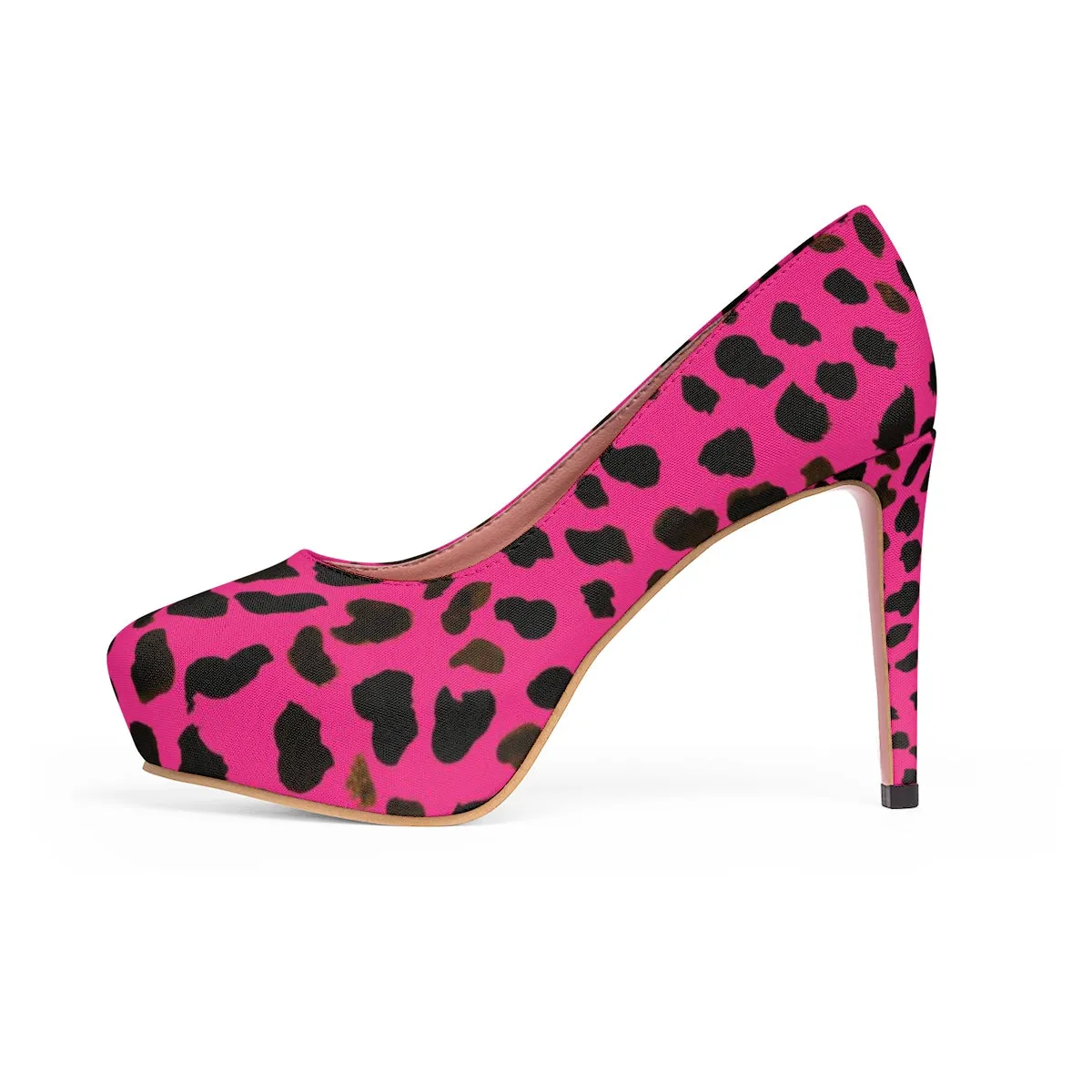 Pink Cow Print Heels, Pink Brown Cow Print Animal Women's 4" Platform Pumps Stilettos