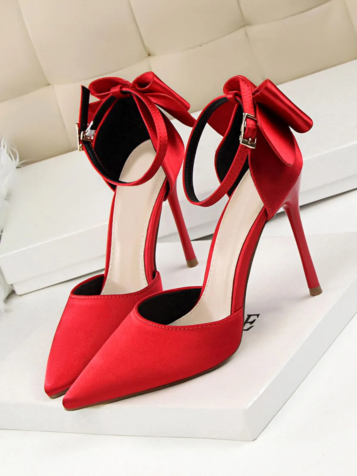 Pointed Toe Bow Strap Satin High Heels Shoes