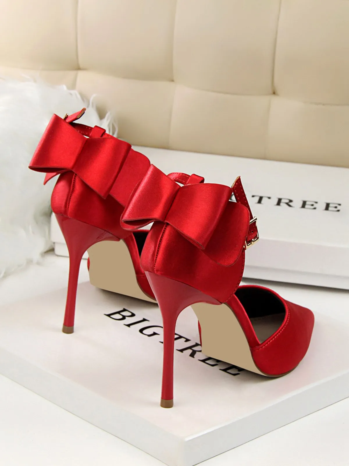 Pointed Toe Bow Strap Satin High Heels Shoes