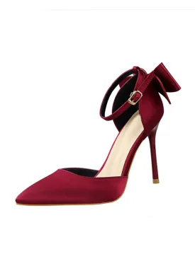 Pointed Toe Bow Strap Satin High Heels Shoes