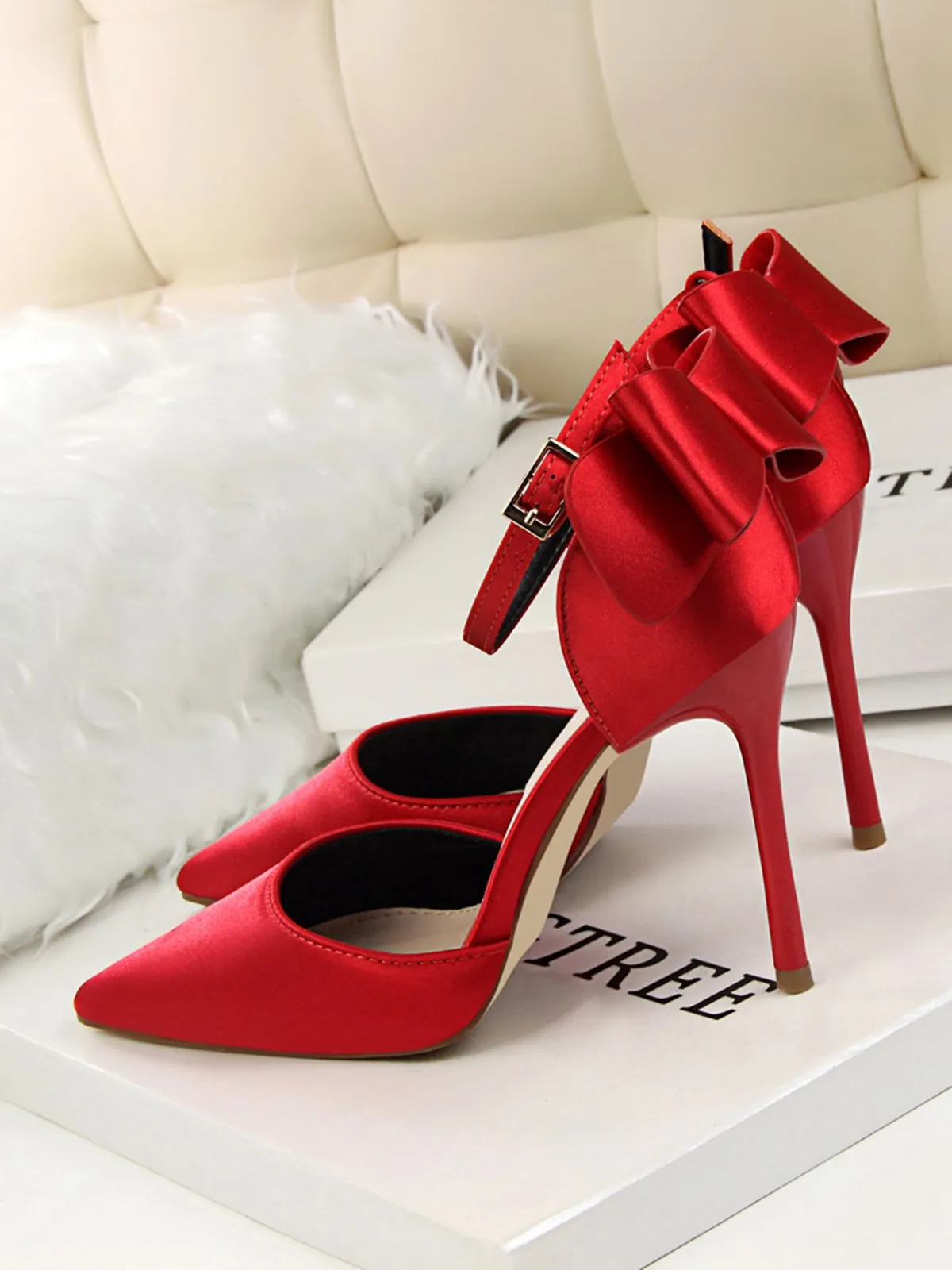 Pointed Toe Bow Strap Satin High Heels Shoes