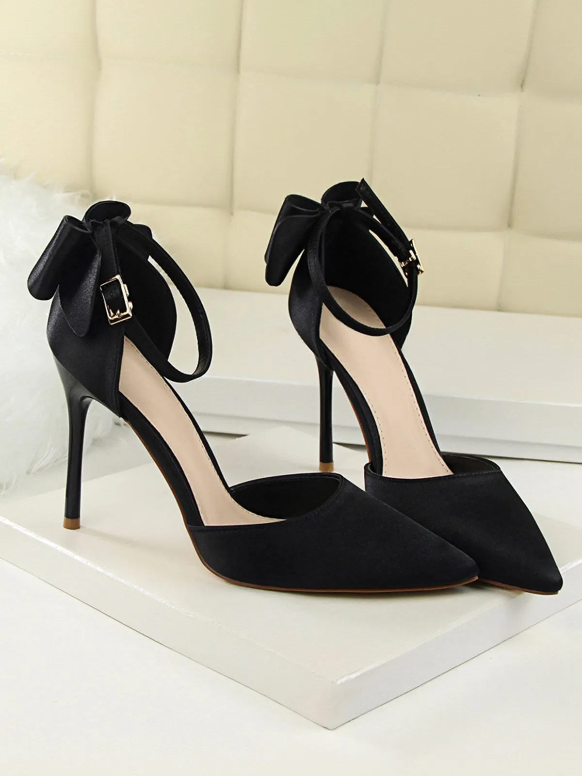 Pointed Toe Bow Strap Satin High Heels Shoes