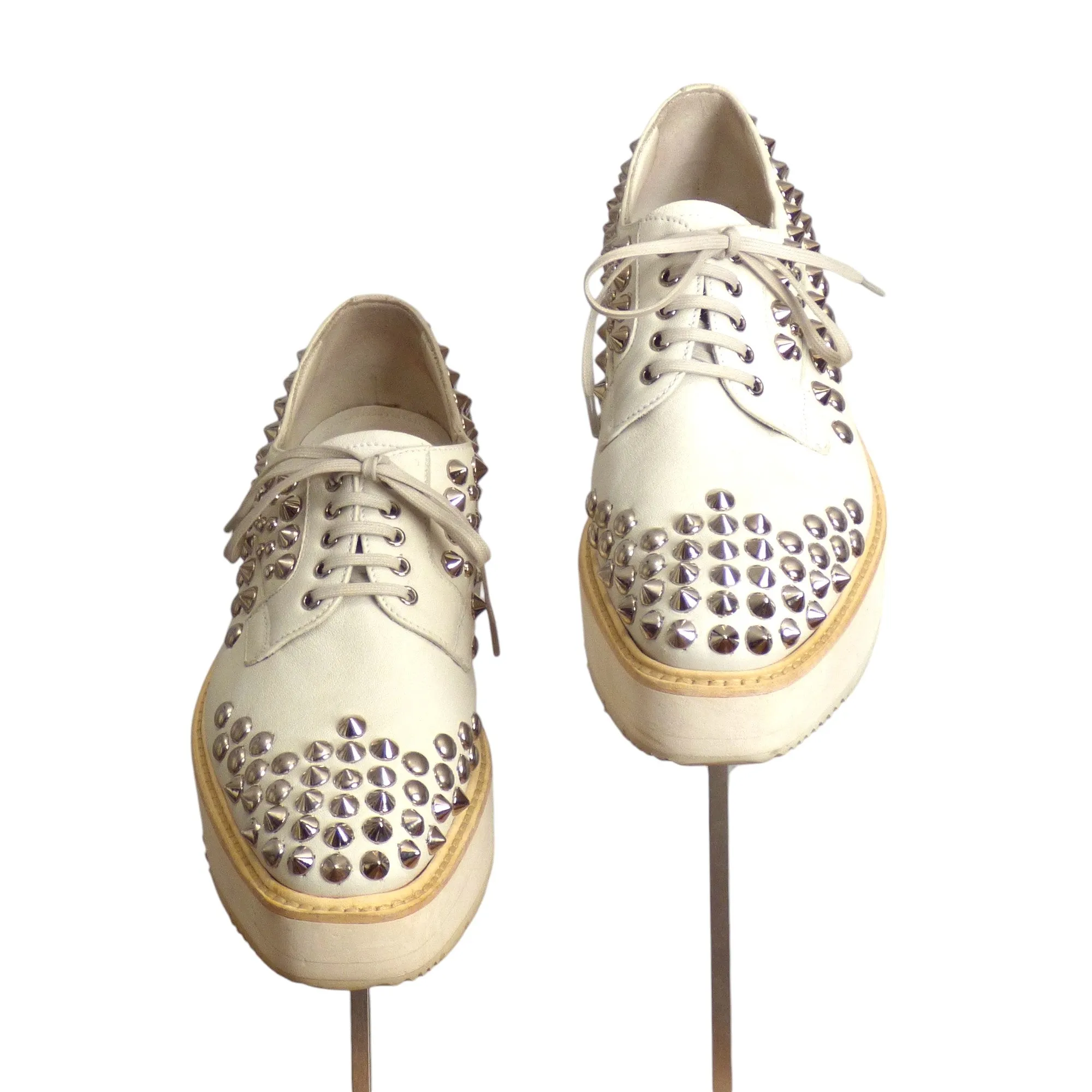 PRADA- Grey Leather Studded Platform Oxfords, Size 40