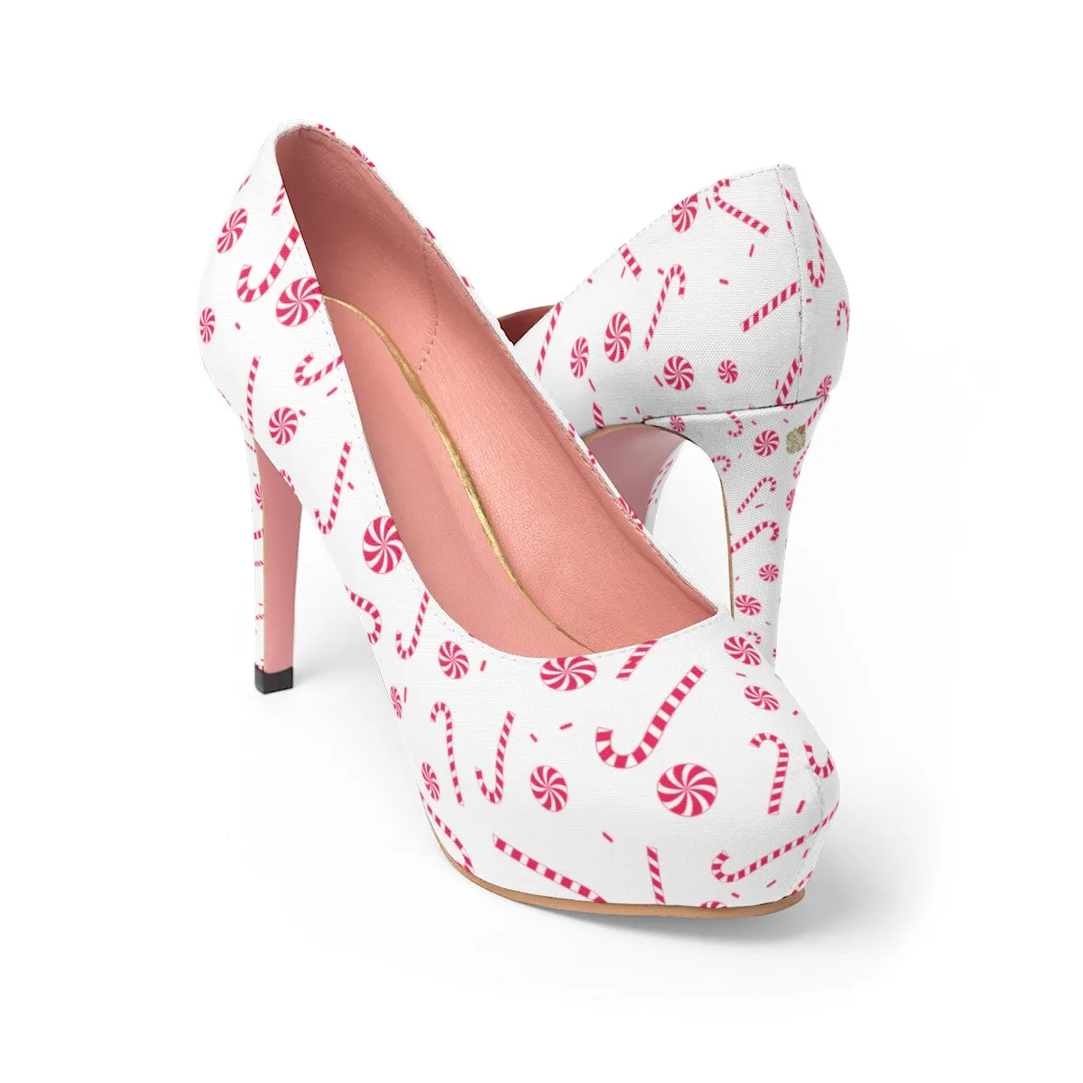 Red Christmas Heels, White Candy Cane Print Festive Women's 4" Platform Heels Shoes