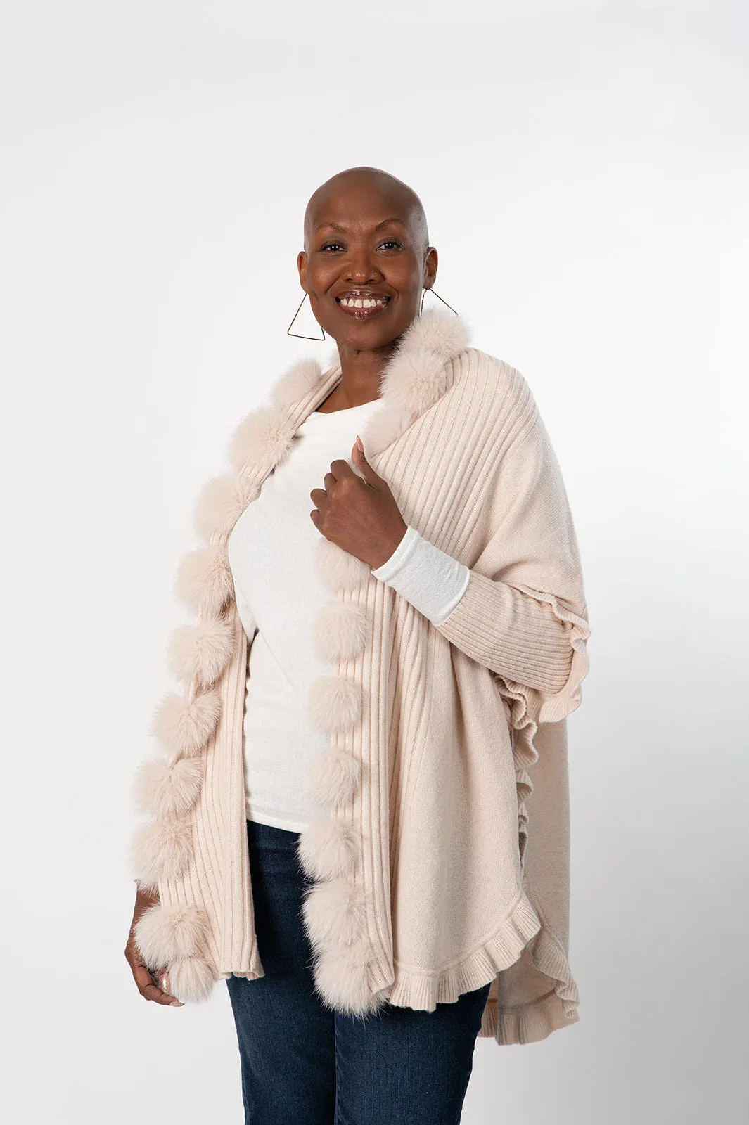 Rippe's Furs Fox Fur Trim Ruffled Wool Wrap - Pearl