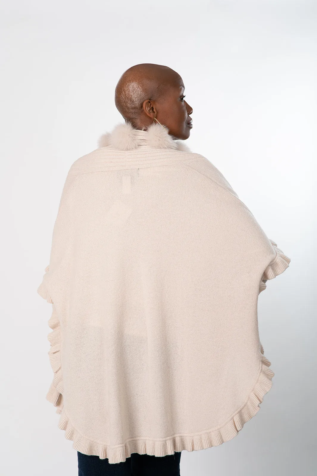 Rippe's Furs Fox Fur Trim Ruffled Wool Wrap - Pearl