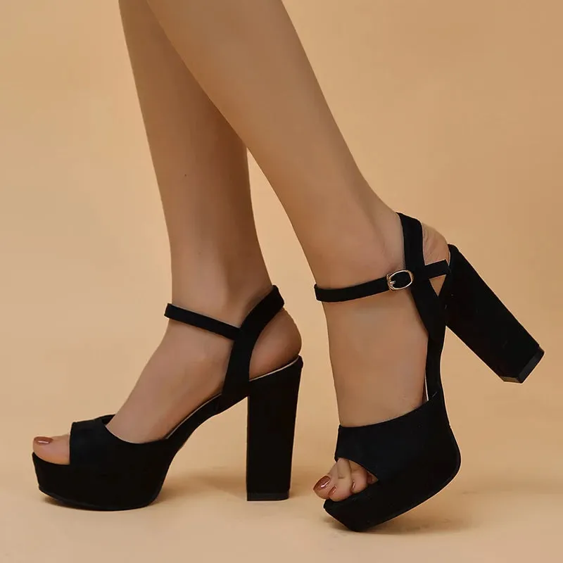 Sohiwoo Summer Black High Heel Sandals Woman Flock Platform Heeled Sandals for Women Ankle Strap Peep Toe Pumps Ladies