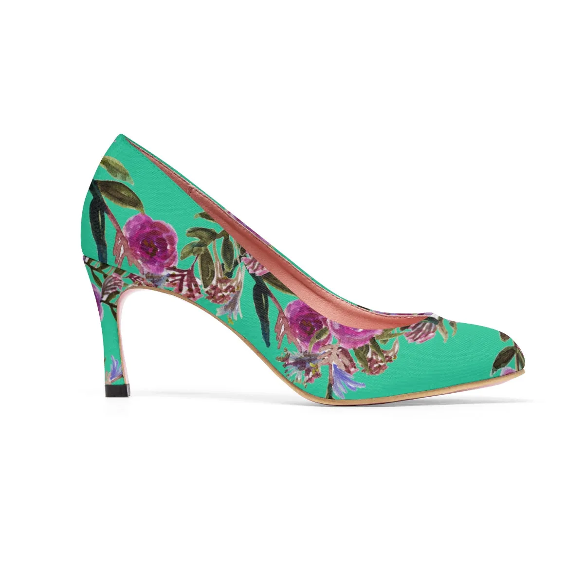 Turquoise Blue Floral Heels, Garden Purple Pink Rose Designer Women's 3" High Heels