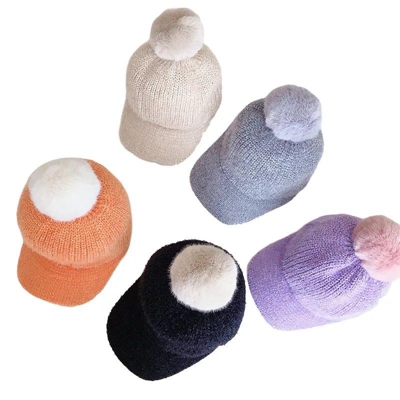 Unisex Winter Pom Pom Design Knitted Cute Caps for Kids