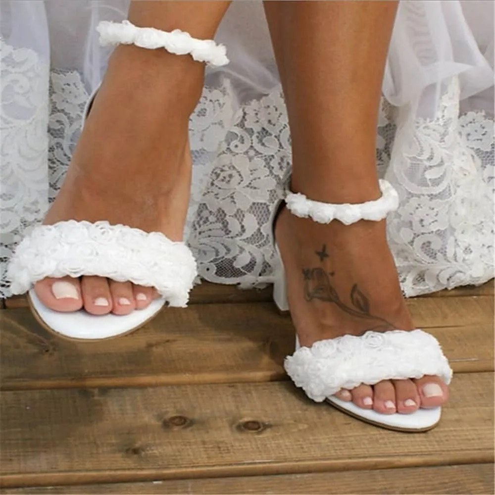 White high-heeled sandals thick heels elegant wedding party shoes