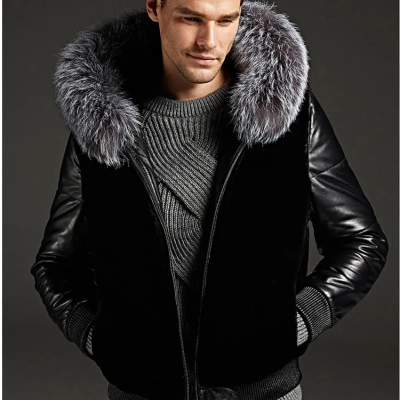 Wiaofellas Autumn Winter New Faux Leather Coat Fur Collar Hooded Menswear Luxury Brand Fur Coat Short Tops Plus Size Slim Jacket